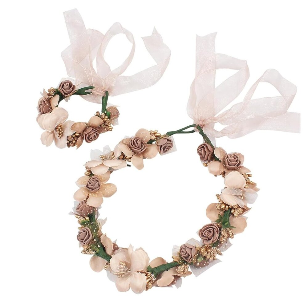 Floral Crown Wrist Bands Set for Women | Wedding Hair Accessories | Adjustable H